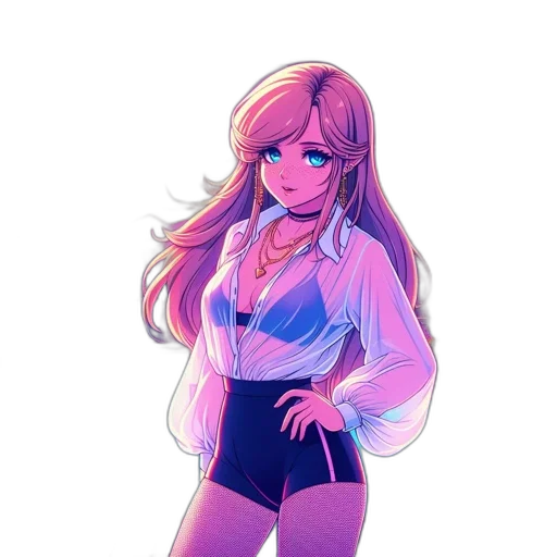 dress, jacket, staff, hair, anime, vaporwave, pixel art, cartoon transparent PNG cut-out