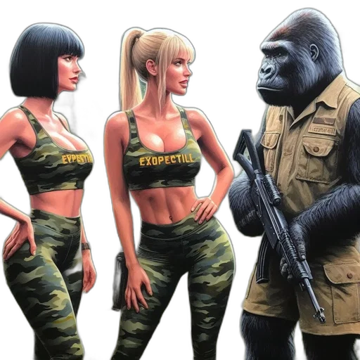 comic book art, concept art, two, women, camouflage, gear, labeled, expectill transparent PNG cut-out