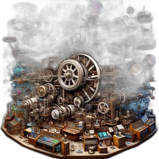 robot, furniture, weapon, concept art, fantasy art, pixel art, 3d render, fog transparent PNG cut-out