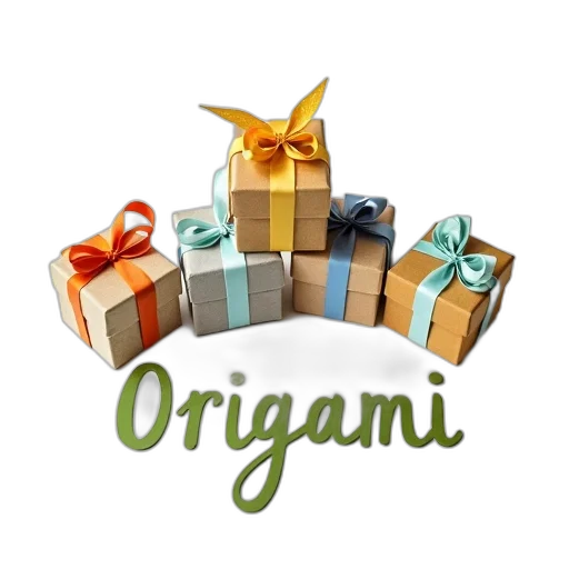 collection, origami, boxes, colorful, paper, ribbons, displayed, white transparent PNG cut-out