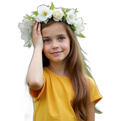 crown, hat, flower, dress, photorealistic, 3d render, earth tones, young transparent PNG cut-out