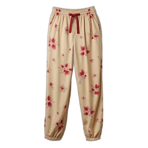 pair, beige, pants, floral, pattern, displayed, against, plain transparent PNG cut-out
