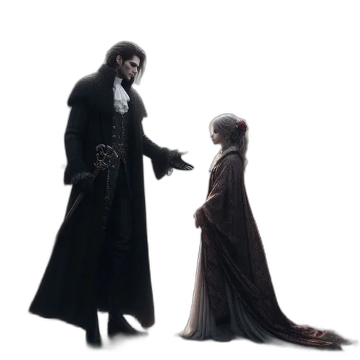 concept art, 3d render, snow, fire, tall, man, woman, long transparent PNG cut-out
