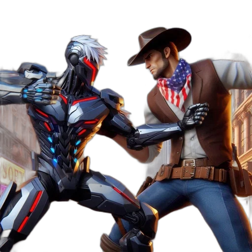 robot, concept art, comic book art, robotic, figure, cowboy, face, off transparent PNG cut-out
