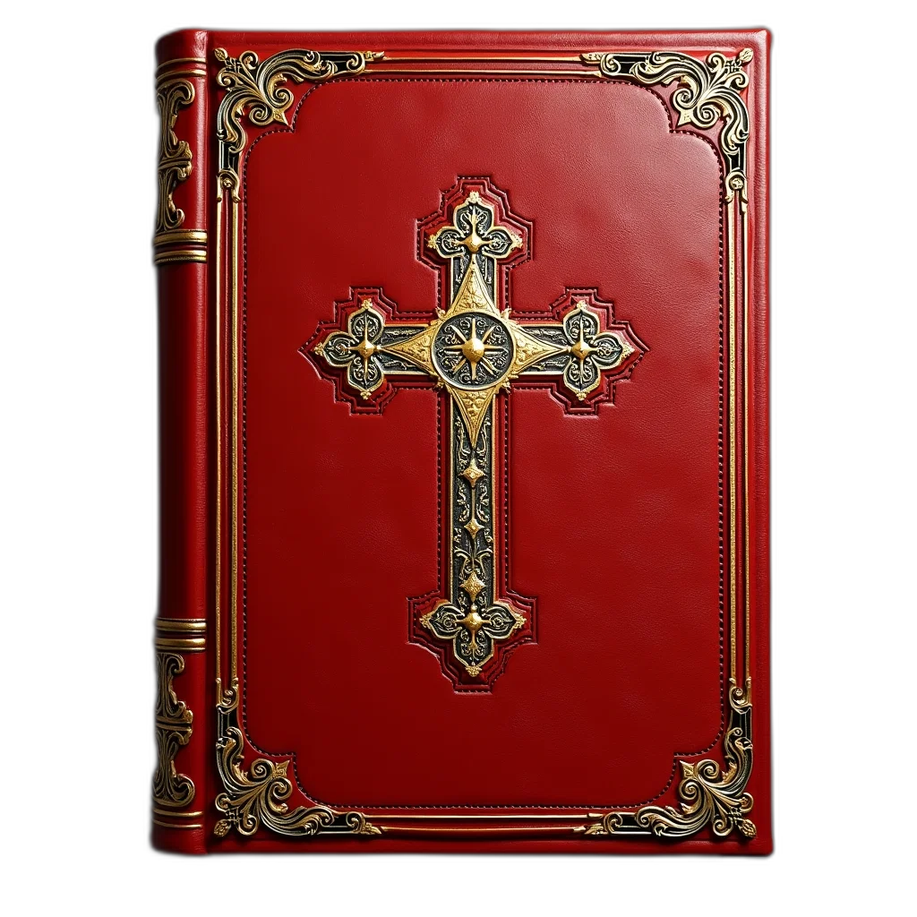 sword, weapon, 3d render, red, leather-bound, book, gold, cross transparent PNG cut-out