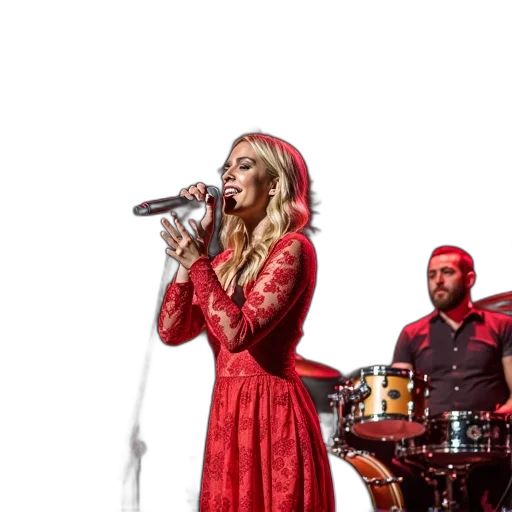 dress, female, singer, performing, stage, wearing, red, floral transparent PNG cut-out