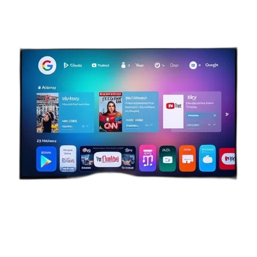 large, flat-screen, displaying, various, apps, channels, mounted, wall transparent PNG cut-out