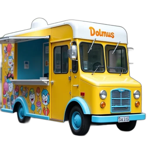 3d render, yellow, blue, ice, cream, truck, cartoon, character transparent PNG cut-out