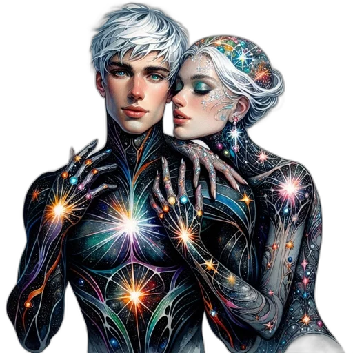 comic book art, cyberpunk, fantasy art, concept art, outer space, neon lights, two, celestially transparent PNG cut-out