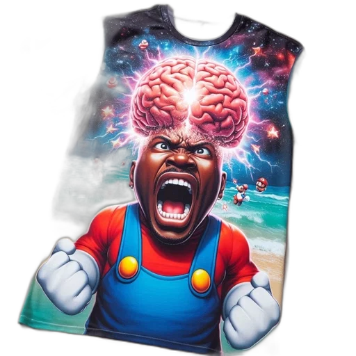 t-shirt, explosive, brain, illustration, featuring, mario, characters, serene transparent PNG cut-out