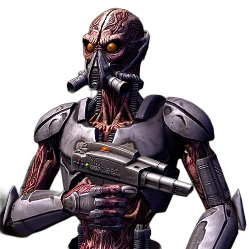 robot, mask, creature, weapon, concept art, cyberpunk, 3d render, pixel art transparent PNG cut-out