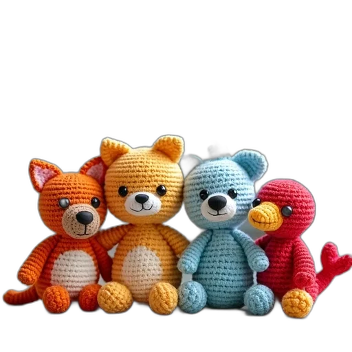 3d render, group, colorful, crochet, animals, including, cat, dog transparent PNG cut-out