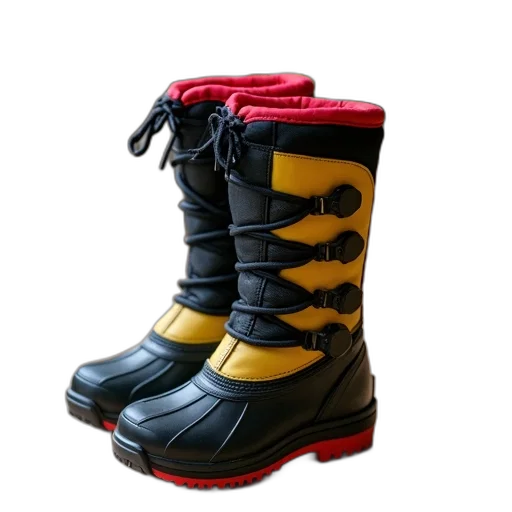 shoes, 3d render, photorealistic, pair, black, yellow, snow, boots transparent PNG cut-out