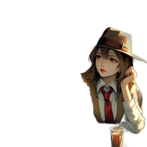 hat, staff, jacket, weapon, anime, concept art, pixel art, fantasy art transparent PNG cut-out