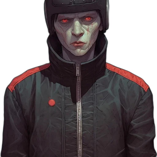 jacket, face, mask, robot, concept art, cyberpunk, comic book art, photorealistic transparent PNG cut-out