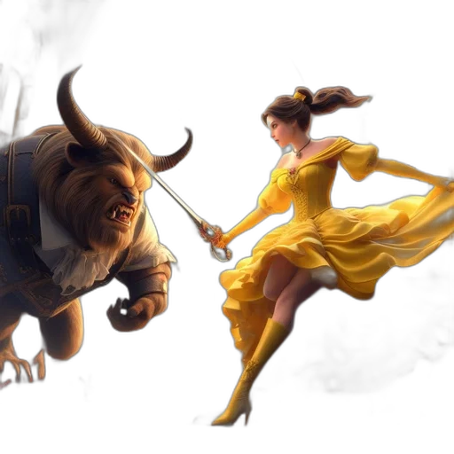 concept art, fantasy art, comic book art, photorealistic, fire, golden, belle, faces transparent PNG cut-out