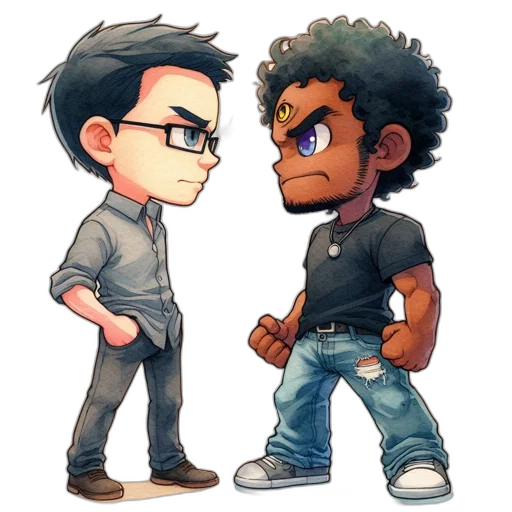 cartoon, pixel art, comic book art, concept art, two, characters, stand, facing transparent PNG cut-out