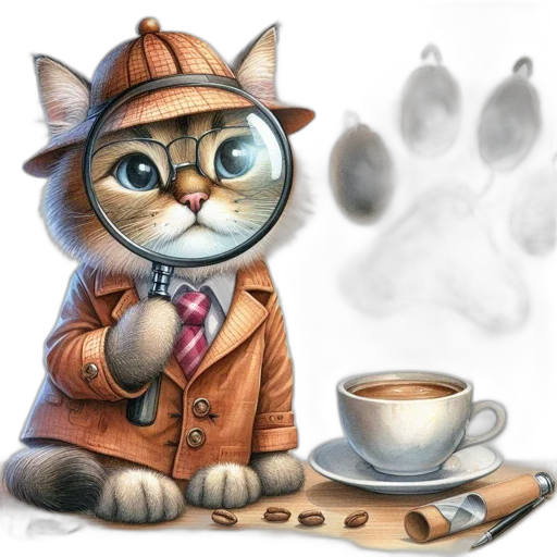 staff, photorealistic, pencil sketch, concept art, watercolor, cartoon, cat, detective transparent PNG cut-out