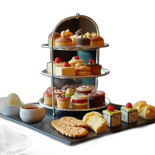 food, 3d render, silver, three-tiered, serving, stand, filled, assortment transparent PNG cut-out