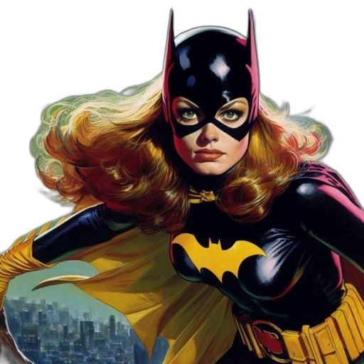 comic book art, concept art, photorealistic, batgirl, comic, heroine, stands, boldly transparent PNG cut-out