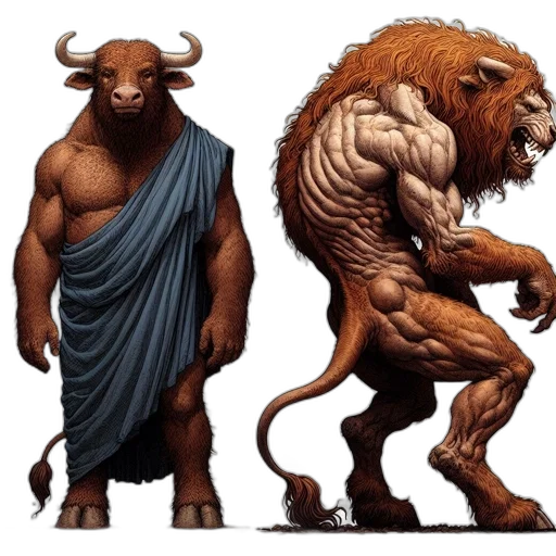 concept art, fantasy art, comic book art, two, anthropomorphic, creatures, calm, bull-like transparent PNG cut-out