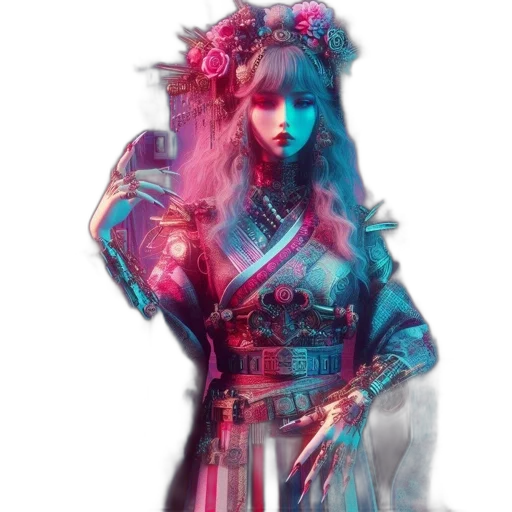 dress, sword, robot, dragon, fantasy art, concept art, vaporwave, 3d render transparent PNG cut-out