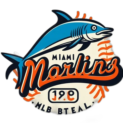 stylized, marlin, leaping, out, water, surrounded, orange, baseball transparent PNG cut-out