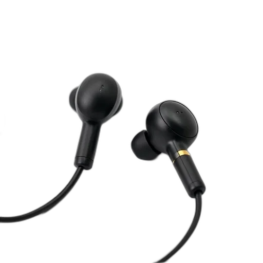 pair, black, wireless, earbuds, coiled, cord, displayed, against transparent PNG cut-out
