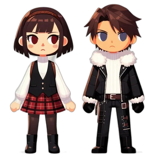 3d render, concept art, pixel art, anime, two, animated, characters, pose transparent PNG cut-out