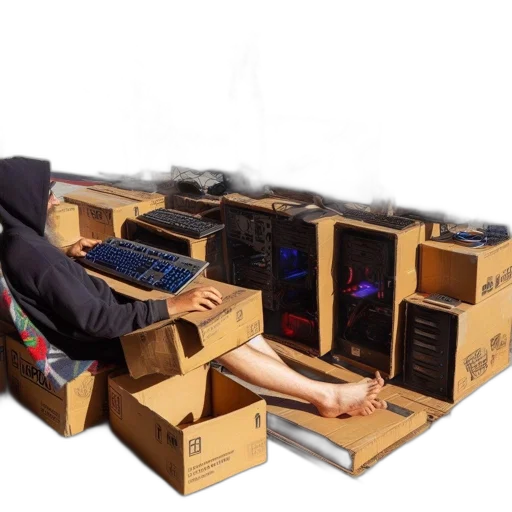 furniture, 3d render, cyberpunk, concept art, man, works, computer, setup transparent PNG cut-out