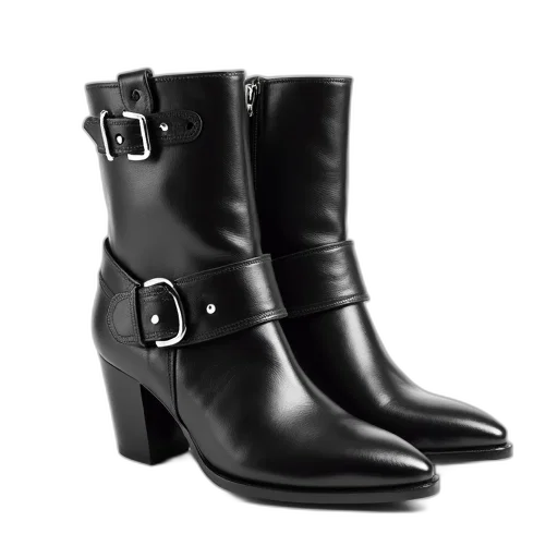 shoes, pair, black, leather, boots, silver, buckles, strap transparent PNG cut-out