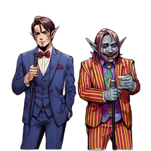 concept art, pixel art, comic book art, cartoon, two, animated, characters, one transparent PNG cut-out