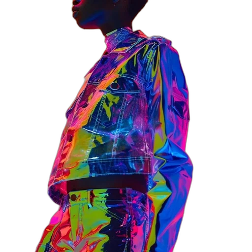 jacket, dress, robot, face, vaporwave, cyberpunk, 3d render, concept art transparent PNG cut-out