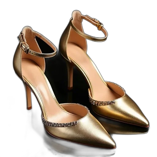 shoes, 3d render, photorealistic, golden, earth tones, pair, gold, high-heeled transparent PNG cut-out