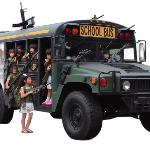 weapon, concept art, 3d render, green, militarized, school, bus, mounted transparent PNG cut-out