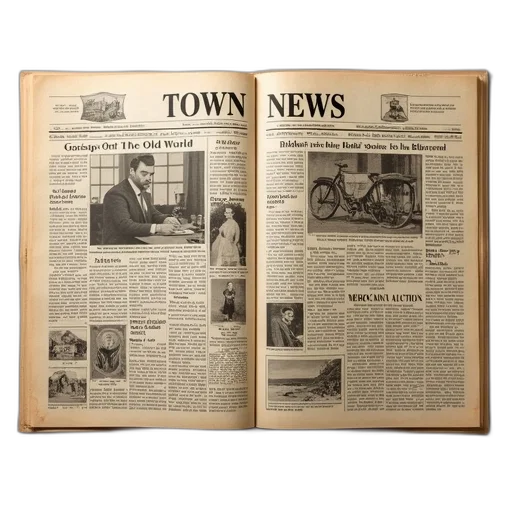 city street, vintage-style, newspaper, two, pages, open, featuring, articles transparent PNG cut-out