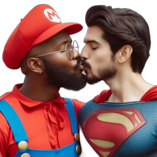 comic book art, two, men, one, dressed, mario, other, superman transparent PNG cut-out