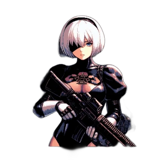 weapon, robot, staff, jacket, pixel art, concept art, cyberpunk, anime transparent PNG cut-out