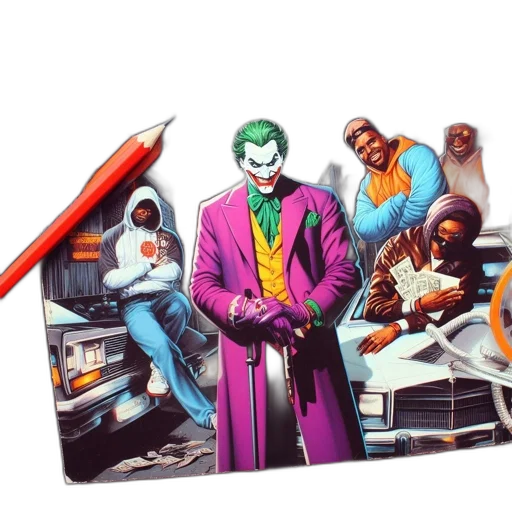 car, mask, jacket, weapon, comic book art, concept art, cyberpunk, joker transparent PNG cut-out