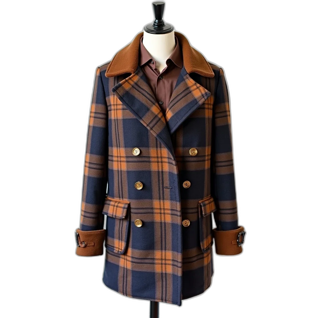 jacket, brown, blue, plaid, coat, collar, cuffs, displayed transparent PNG cut-out