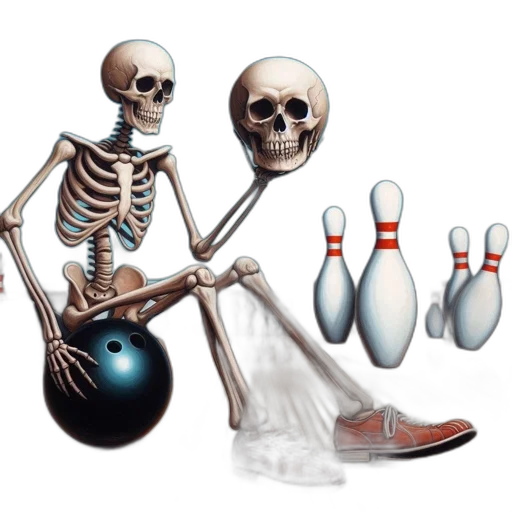 concept art, photorealistic, skeleton, seats, bowling, ball, surreal, alley transparent PNG cut-out