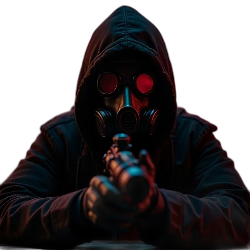 mask, jacket, weapon, staff, cyberpunk, concept art, pixel art, 3d render transparent PNG cut-out