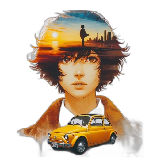 car, photorealistic, concept art, comic book art, oil painting, sunset, city street, fire transparent PNG cut-out