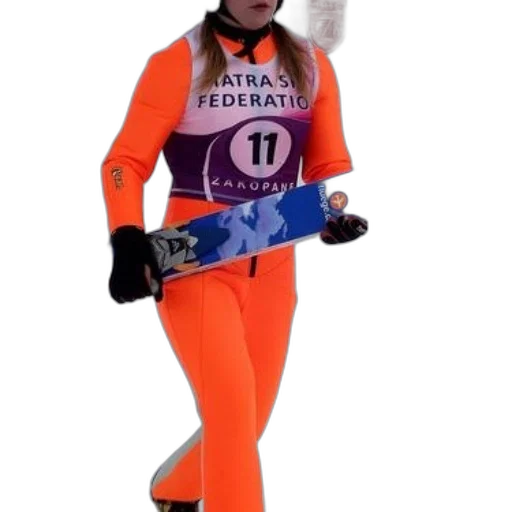 staff, jacket, robot, skier, orange, suit, holds, their transparent PNG cut-out