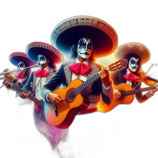 mask, concept art, comic book art, 3d render, fantasy art, three, musicians, mariachi transparent PNG cut-out