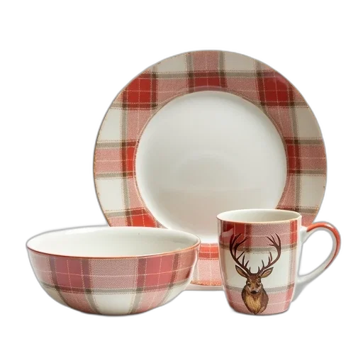 food, set, ceramic, dishes, plaid, pattern, deer, design transparent PNG cut-out