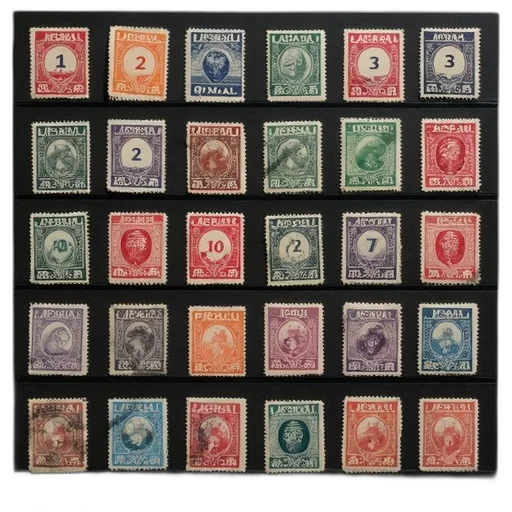 colorful, red, blue, collection, vintage, stamps, displayed, black transparent PNG cut-out