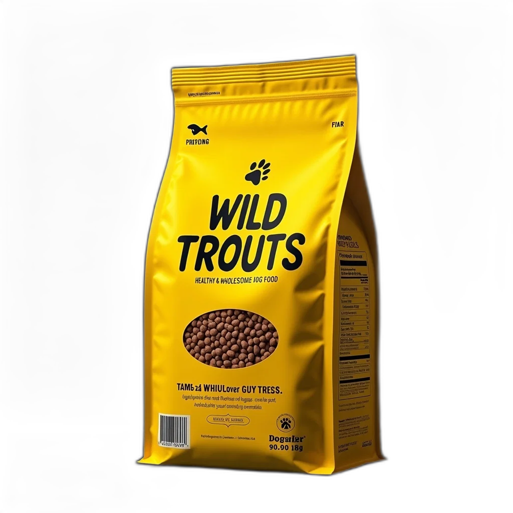 food, 3d render, bag, dog, label, reads, wild, trouts transparent PNG cut-out