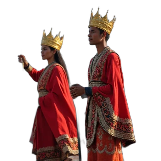 crown, staff, dress, jewelry, 3d render, concept art, photorealistic, red transparent PNG cut-out
