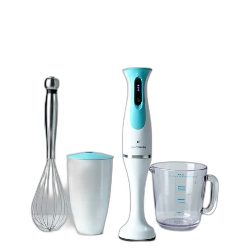 modern, kitchen, setup, blender, whisk, measuring, cup, white transparent PNG cut-out